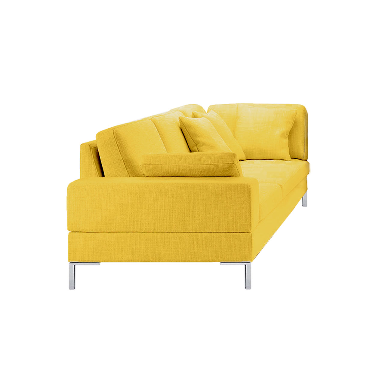 Gelbes Sofa mit Beinen in chrom glänzend.