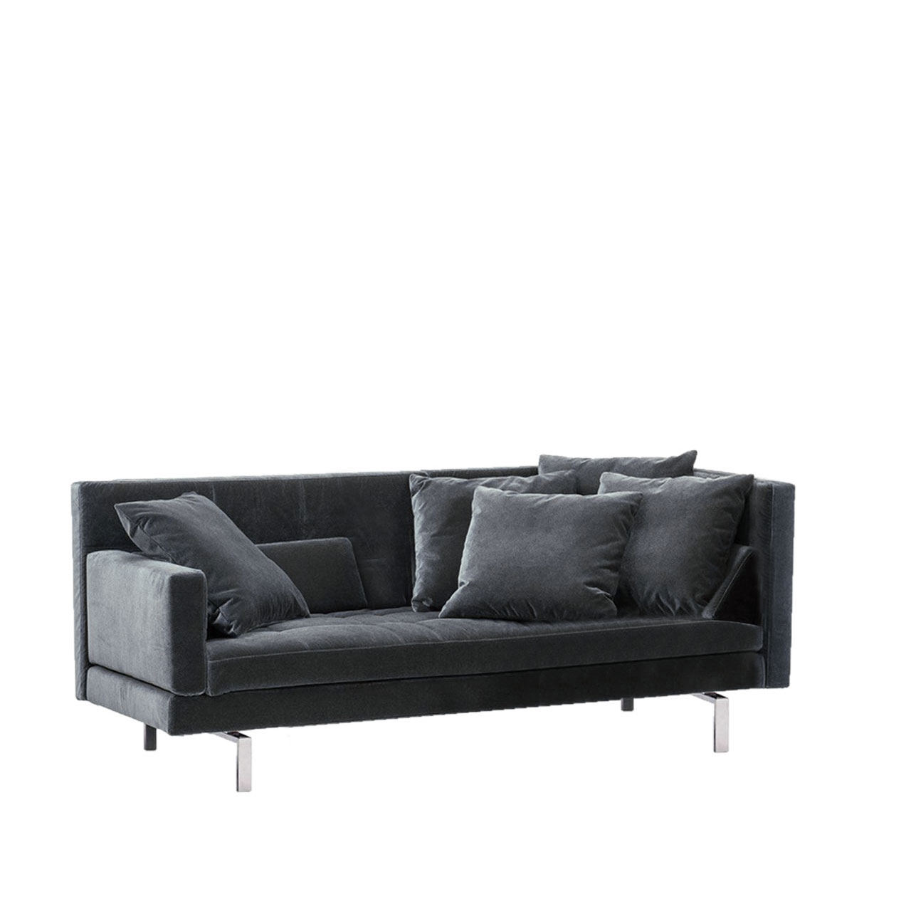 Dunkelgraues Anstellsofa von brühl amber mit schmaler Armlehne auf der linken Seite.