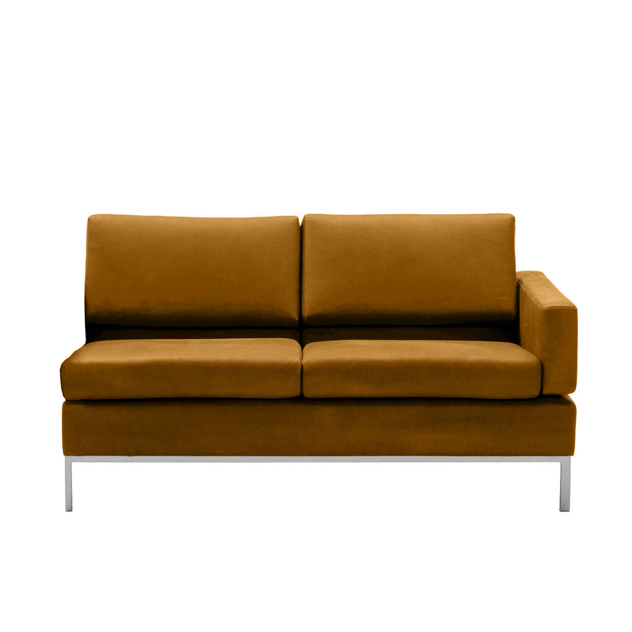 Braunes Anstellsofa  Untergestell in chrom glänzend mit Armlehne rechts.