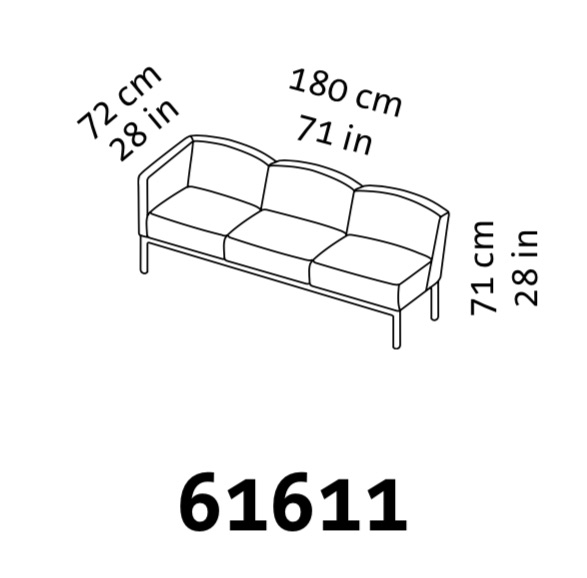 Maßzeichnung eines dreisitzigen Sofas mit einer Armlehne links.