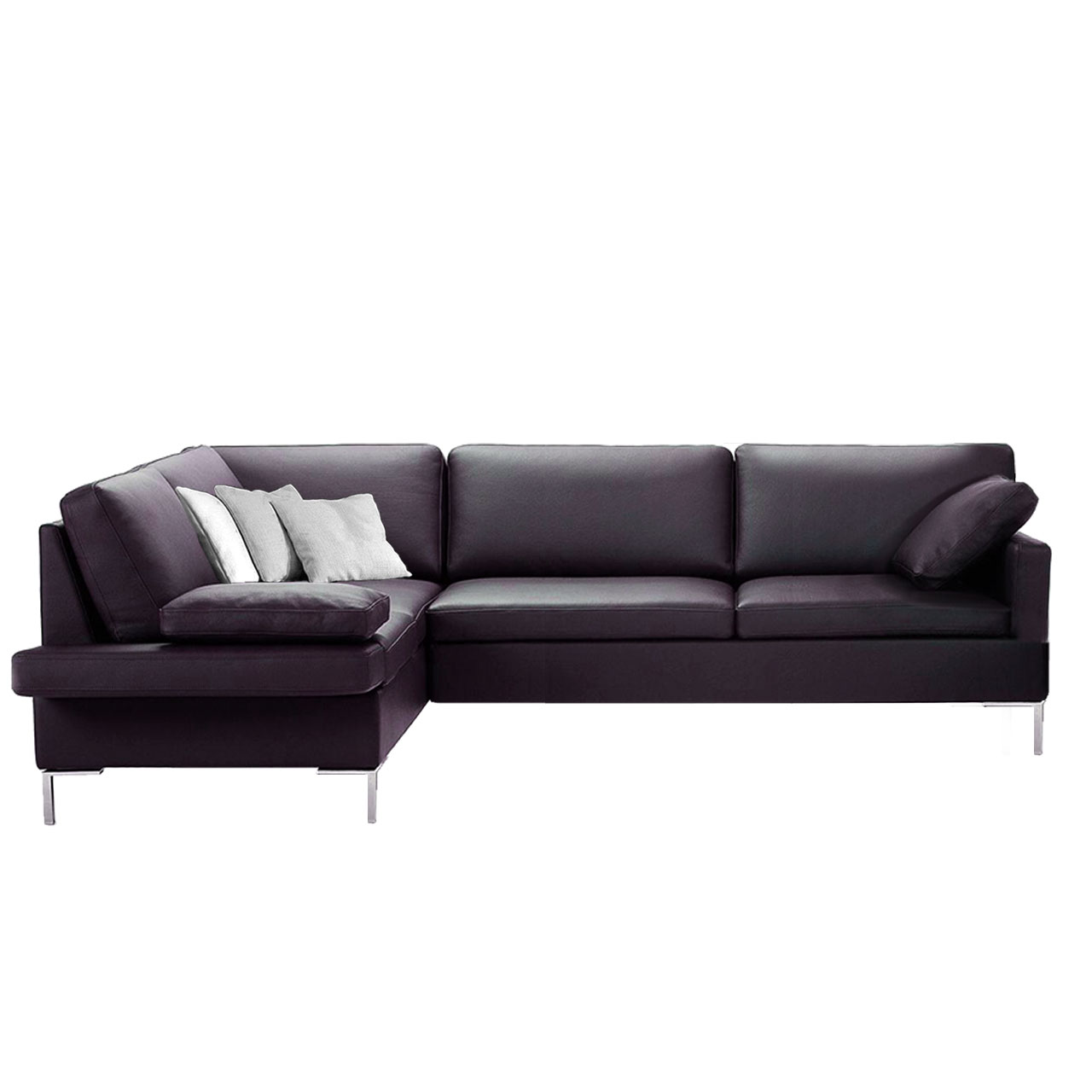 Eckgarnitur in dunkelbraunem Leder mit Eckanbausofa links und Anstellsofa rechts.