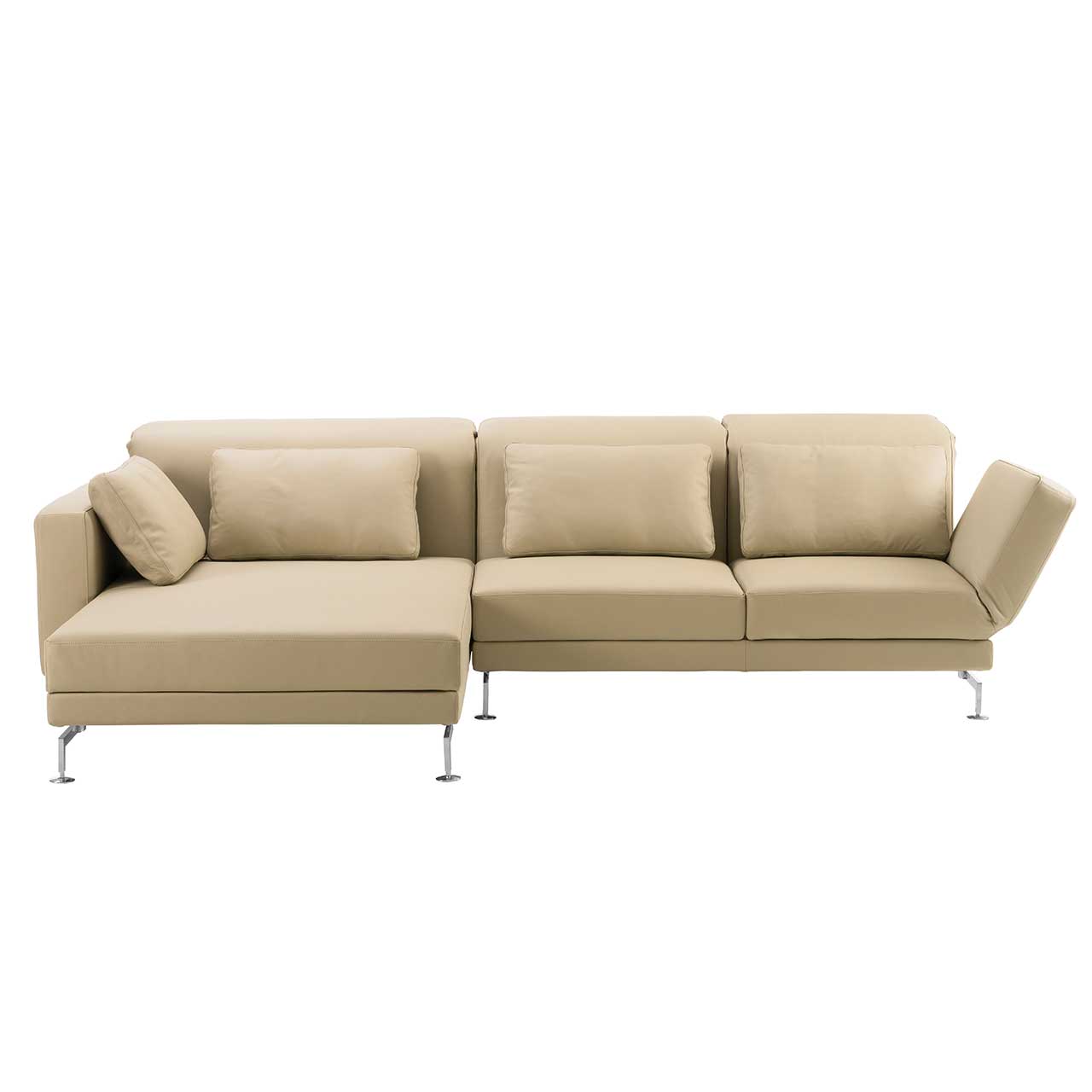 Eckgarnitur mit breitem Longchair links und in beigem Leder.