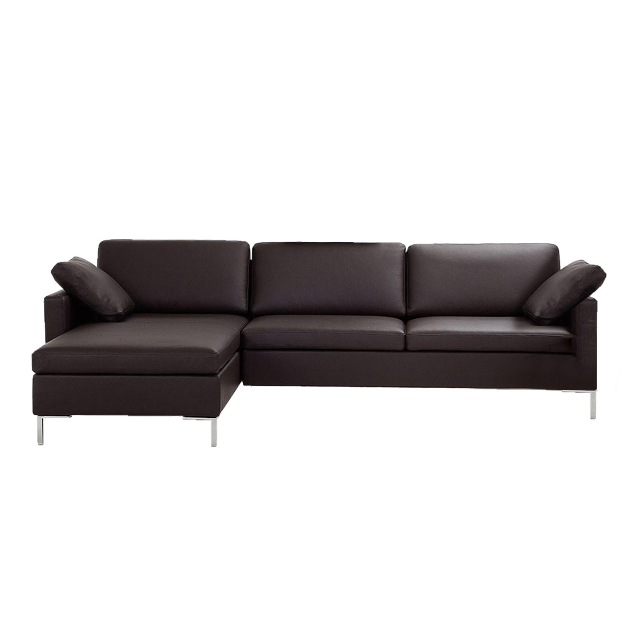 Schwarze Eckgarnitur in Leder mit Longchair links und Anstellsofa rechts.