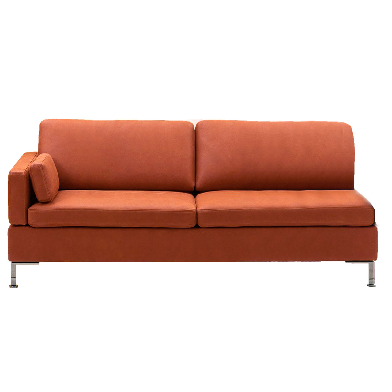 Anstellsofa in orang-rotem Leder.