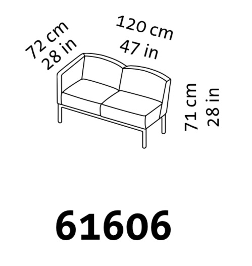 Maßzeichnung eines zweisitzigen Sofas mit einer Armlehne links.