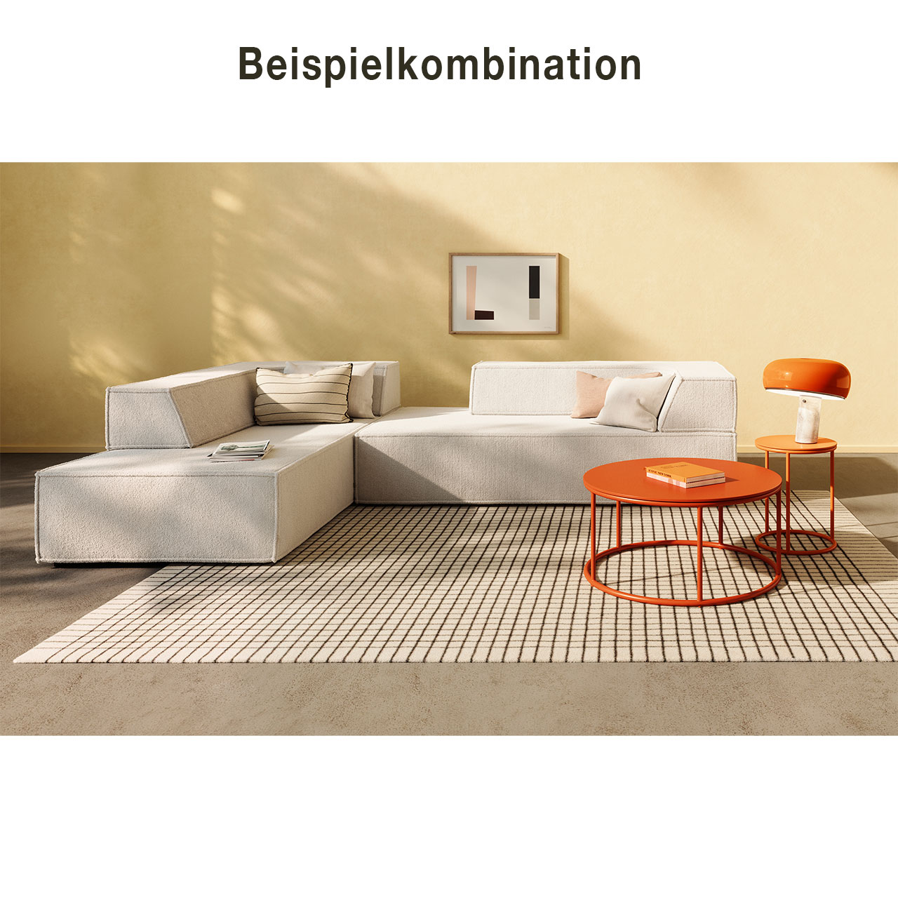 Milieubild mit zwei aneinandergestellten Recamieren aus hellem Stoff zum Ecksofa kombiniert