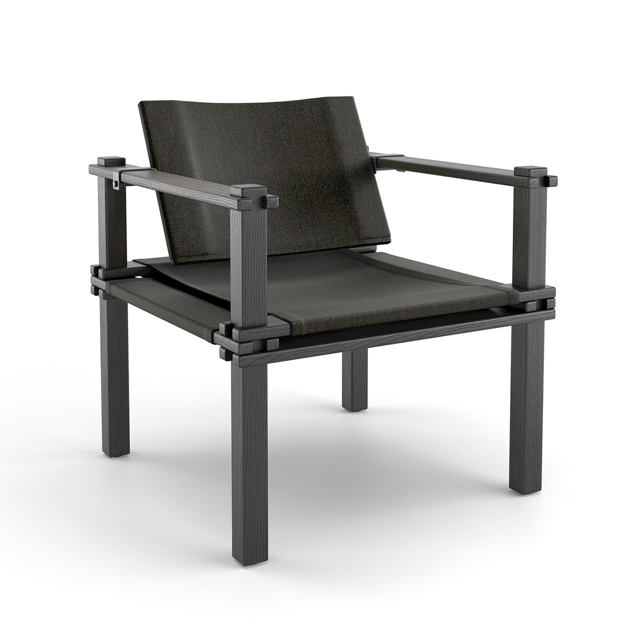 Stuhl mit schwarzem Holzgestell und schwarzem Stoffbezug