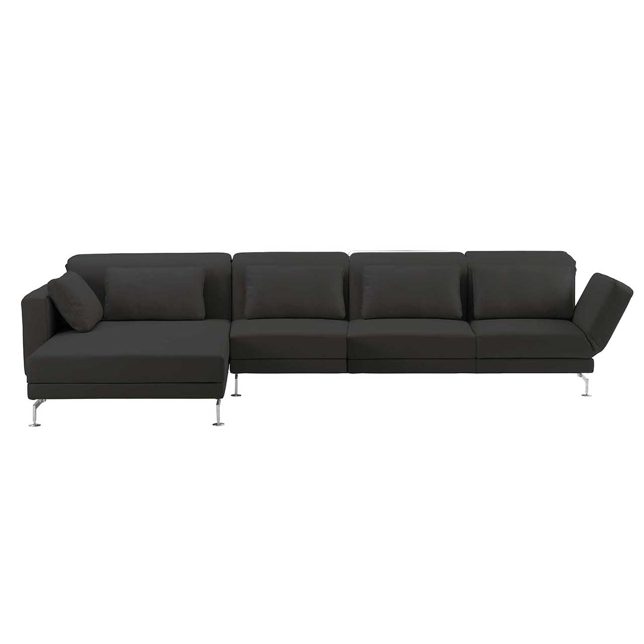Eckgarnitur von brühl moule medium mit breitem Longchair links in schwarzem Stoff.
