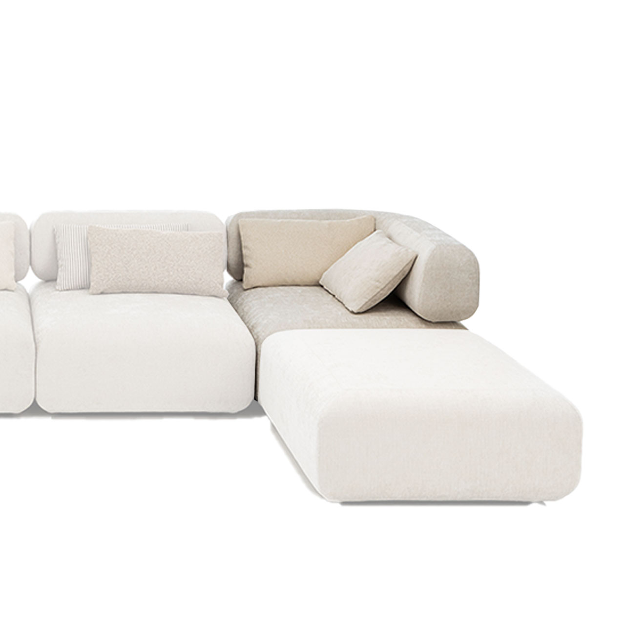 U-förmige beige Sitzgarnitur der Serie all together. Das Eckelement hinten links wurde farblich hervorgehoben.