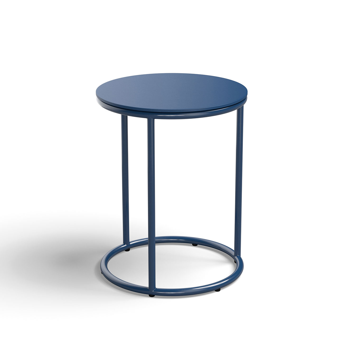 Blauer Beistelltisch mit runder Tischplatte auf rundem Metallgestell