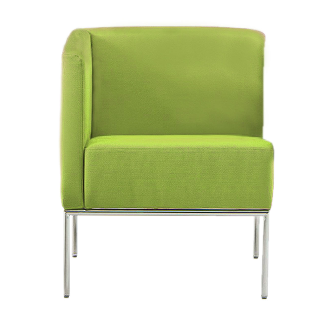 Ein apfelgrüner Sessel mit nur einer Armlehne auf der linken Seite. Das Untergestell ist mattchrom lackiert.
