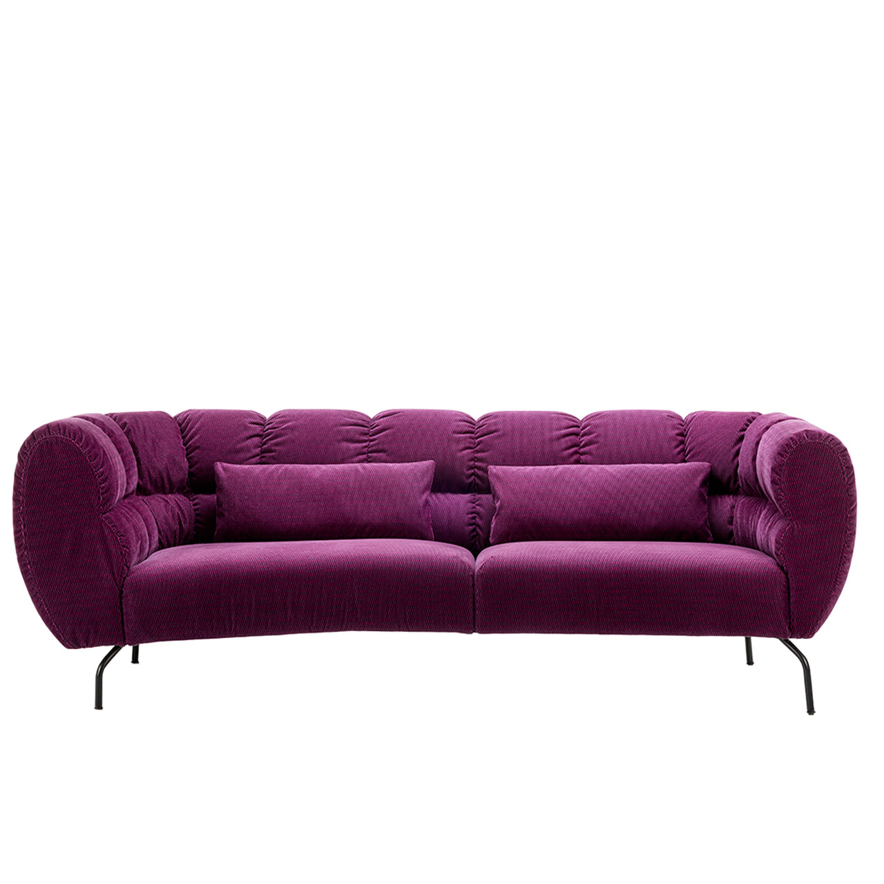 Eckanbausofa der Serie brühl magnolia in brombeerfarbenem Stoff mit schwarzen Metallfüßen.