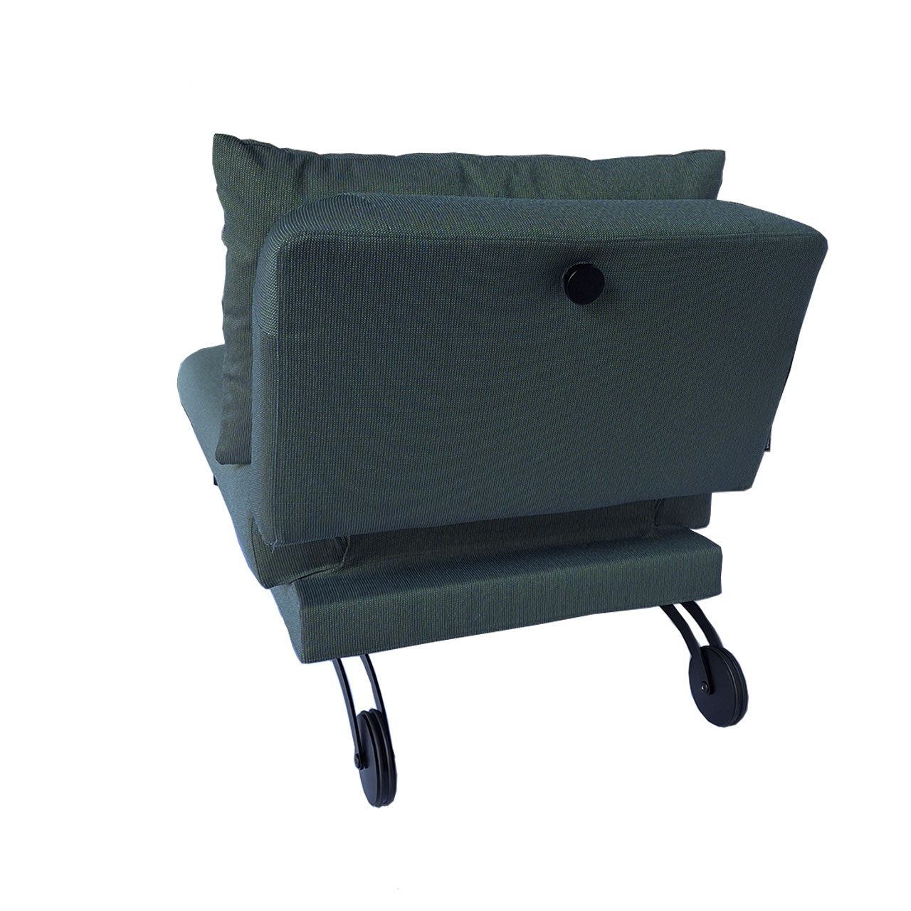 Rückansicht auf Recamiere der Serie tam von brühl in dunkelgrünem Stoff mit Schraubknopf an der Rückseite des Kopfteils zur Befestigung einer Kopfstütze.