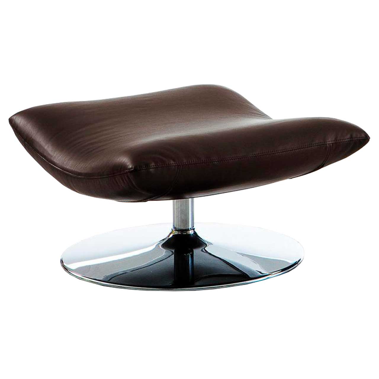 Schwarzer Lederhocker mit chrom glänzenden Drehteller.