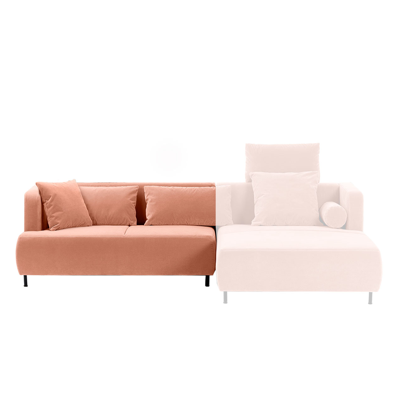 Anstellsofa von brühl aoyama mit Armlehne links in einem pfirsischfarbenen Stoff.
