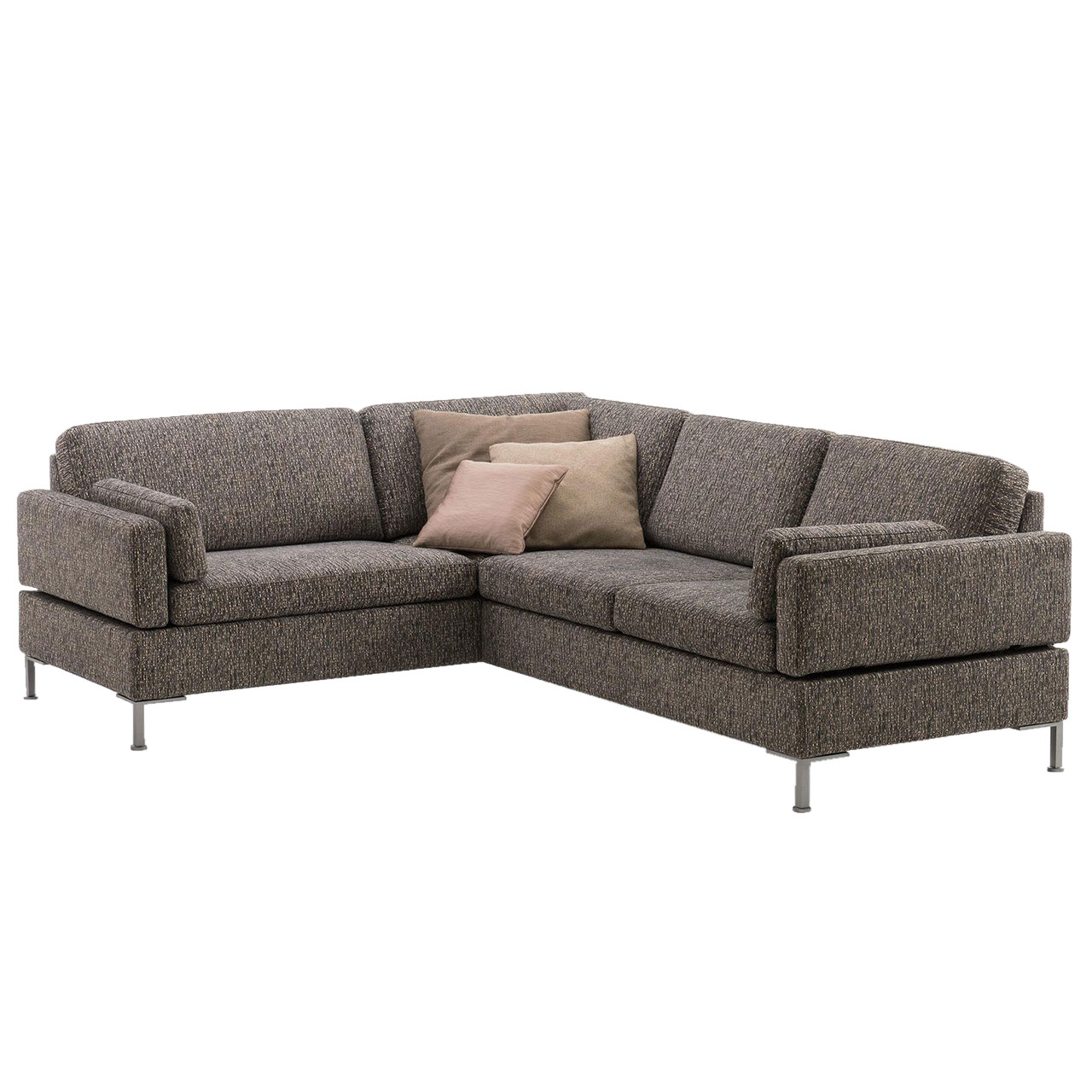 Braune Eckgarnitur mit Anstellsofa links und Eckanbausofa rechts.