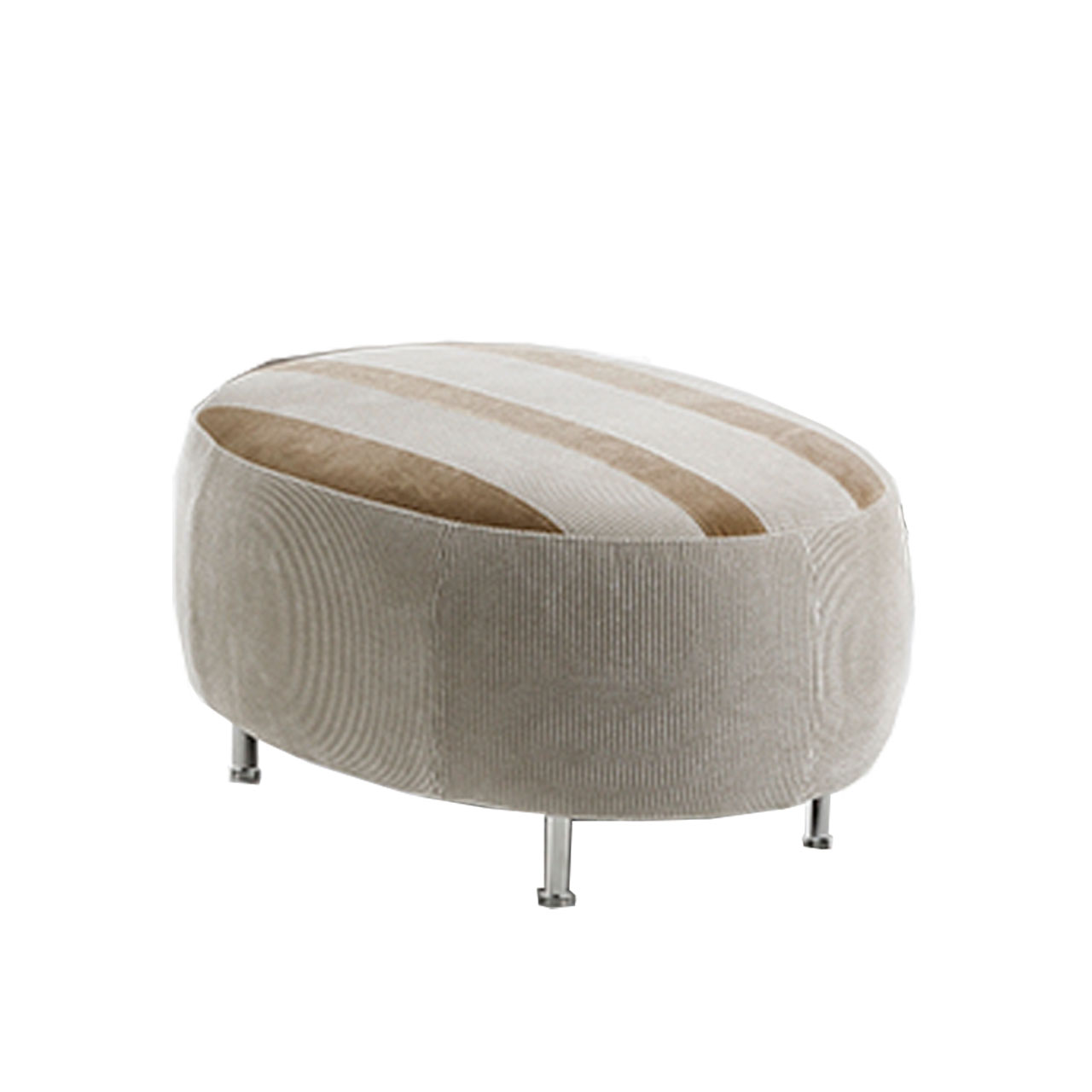 Ovaler Hocker. Die Sitzfläche ist zweifarbig gestreift in beige und einem braunen Stoff gearbeitet.
