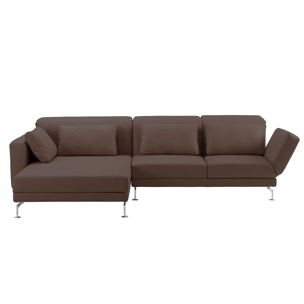 Eckgarnitur mit breitem Longchair links in braunem Stoff.