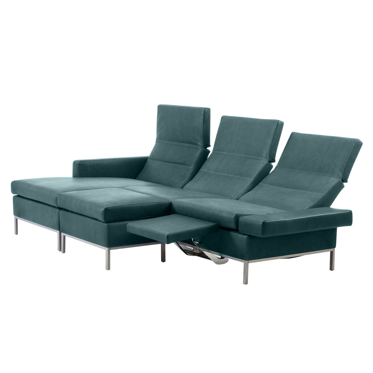 Grüne Ledergarnitur mit Longchair links und Anstellsofa rechts.