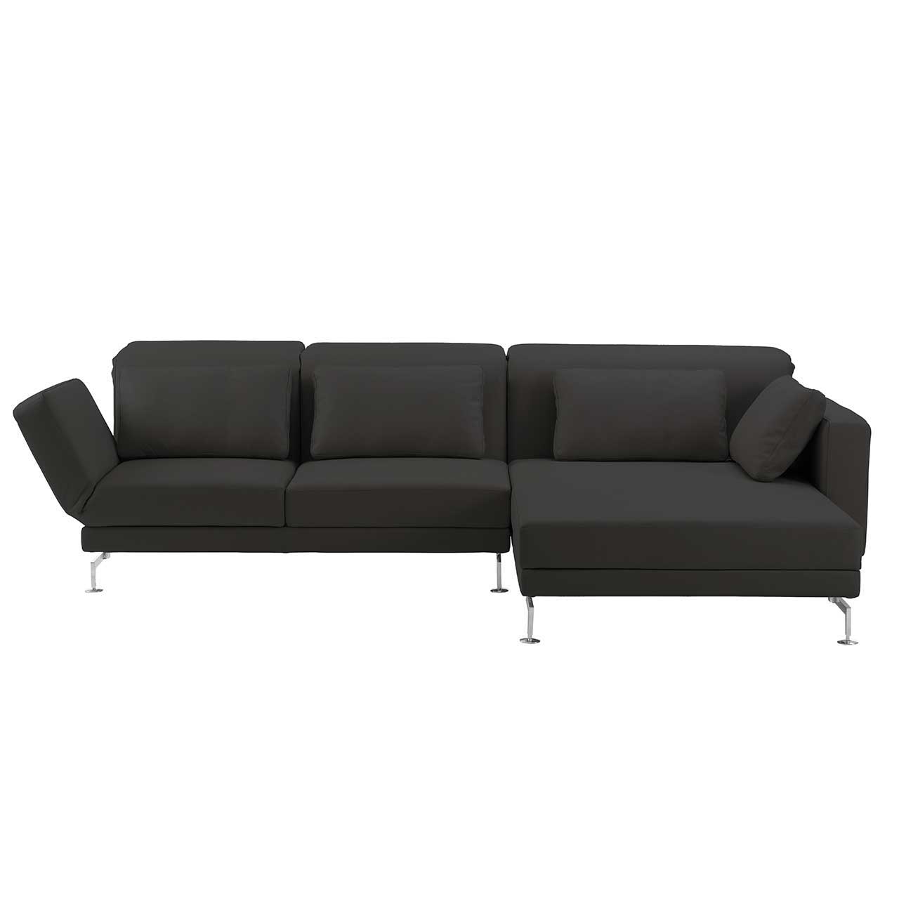 Eckgarnitur mit breitem Longchair rechts in schwarzem Stoff.