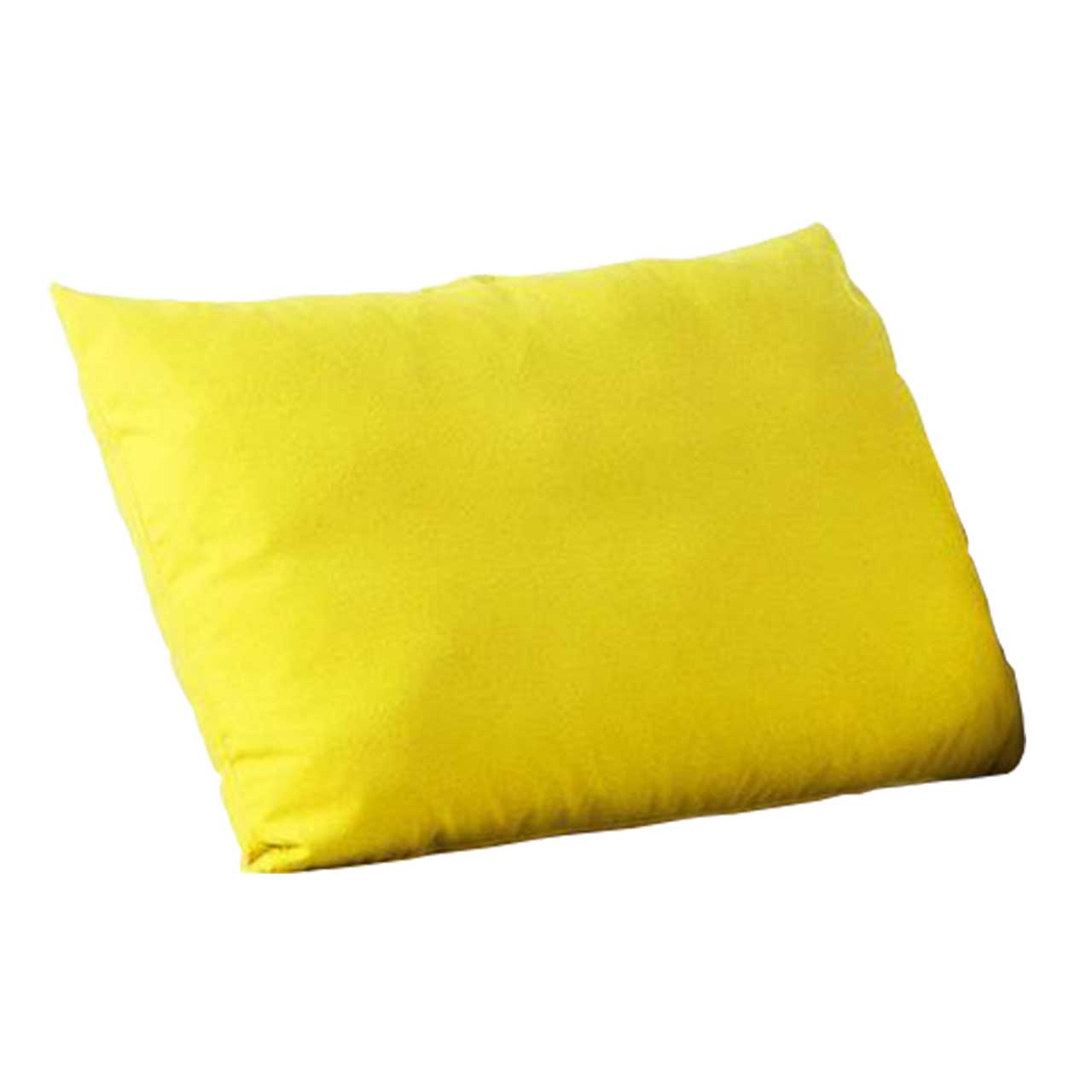 Rechteckiges Kissen mit gelben Stoff bezogen.