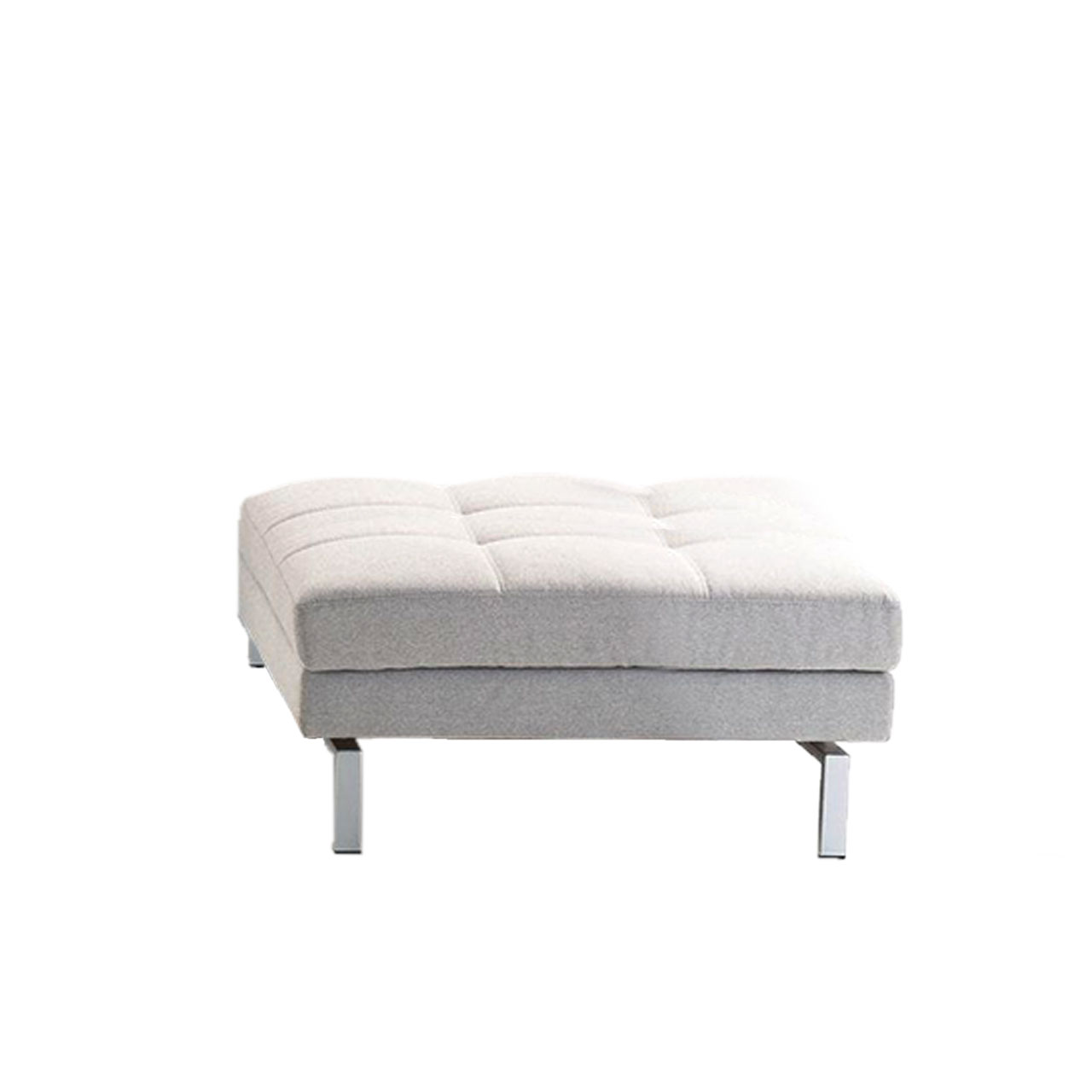 Mit weißem Stoff bezogener  Hocker mit quadratischer Sitzfläche.