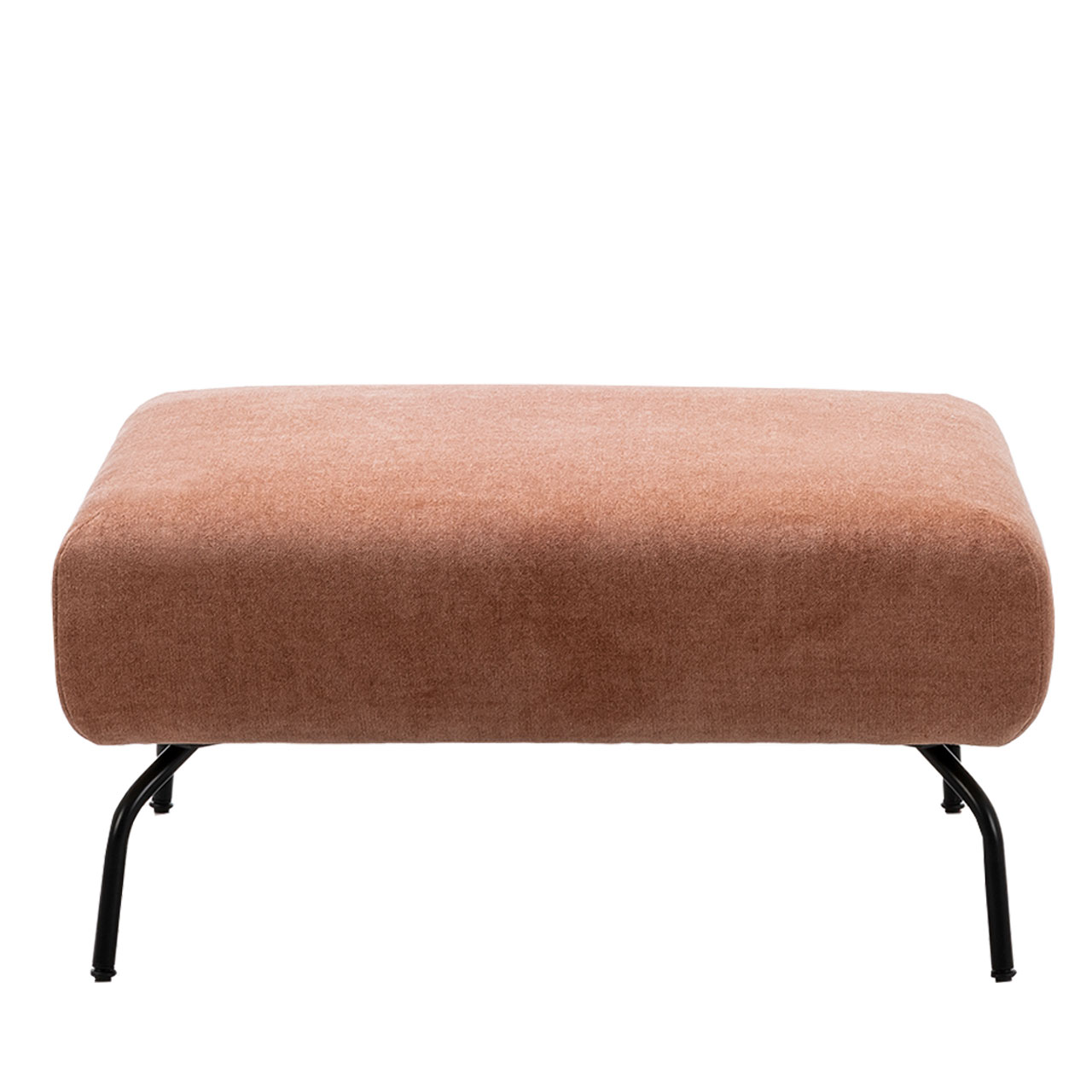 Hocker der Serie brühl magnolia mit schwarzen Metallfüßen und einer rechteckigen Sitzfläche mit rotbraunem Stoff bezogen.