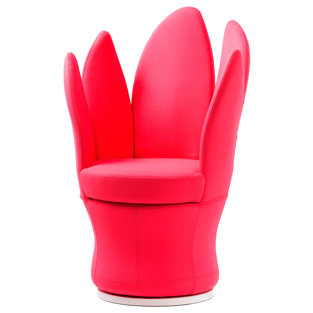 Ein Sessel in rotem Stoff mit Drehteller als Basis. Der Sessel hat einen runden Sitz. Die Arm- und Rückenlehnen bestehen aus fünf blattartige Elementen, so dass sie an Blütenblätter erinnern.