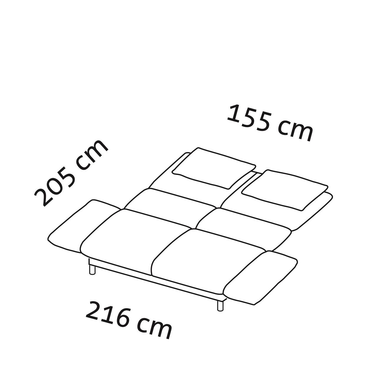 Maßzeichnung für das ausgeklappte brühl camp Bettsofa.