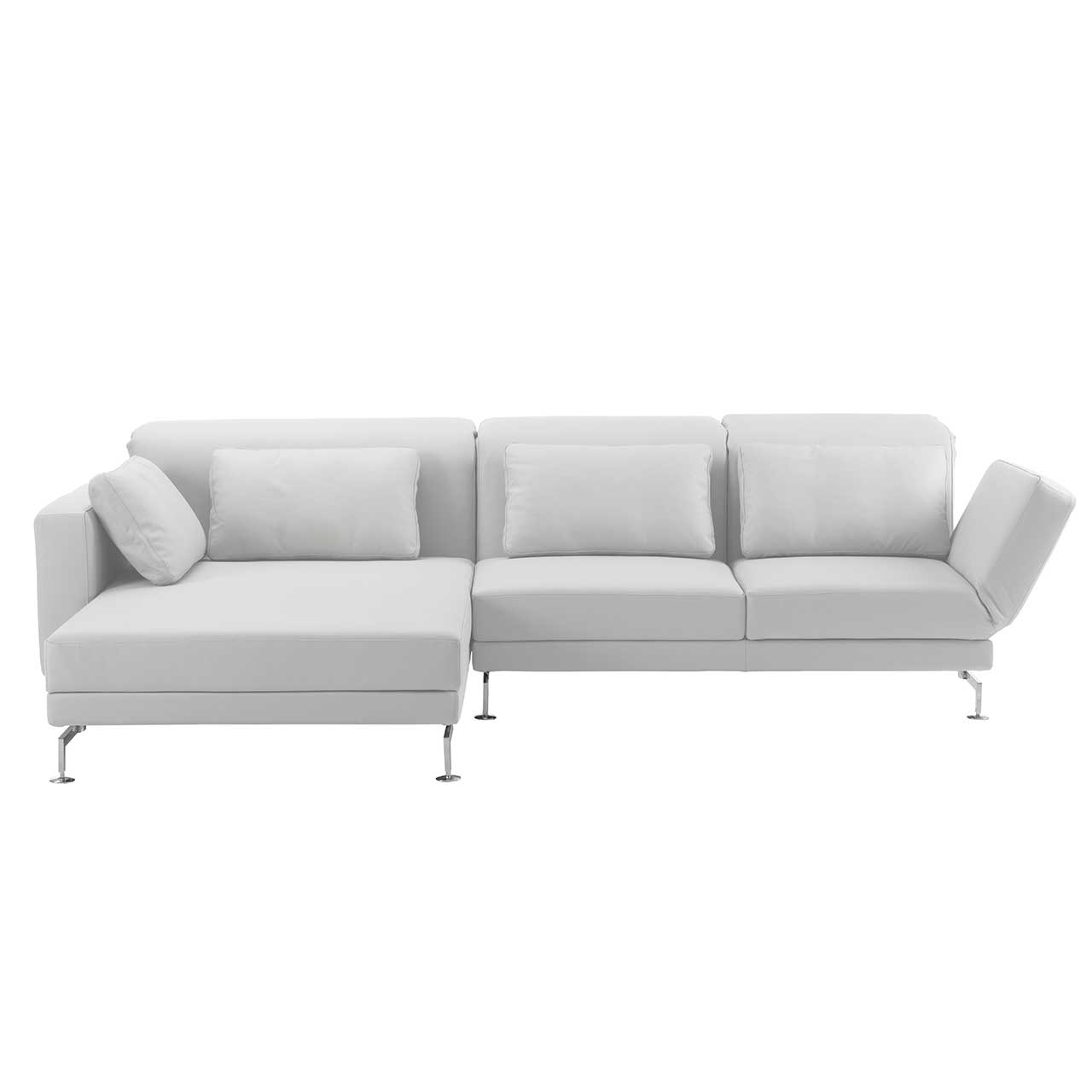 Eckgarnitur mit breitem Longchair links in weißem Leder.