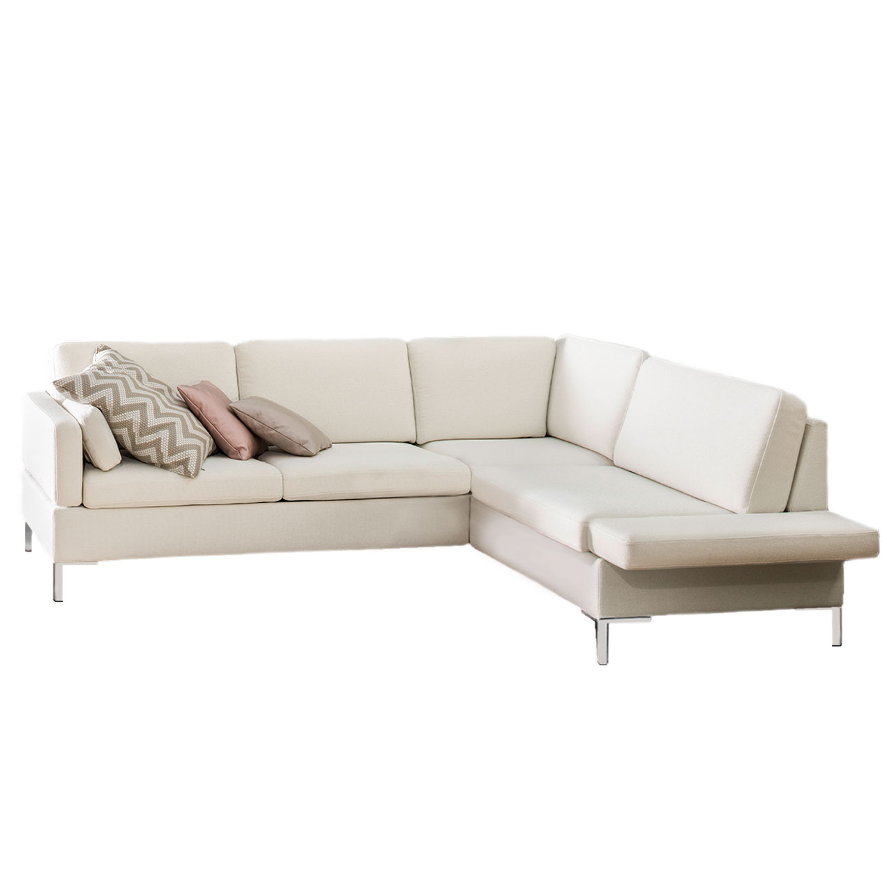 Weiße Eckgarnitur mit Anstellsofa links und Eckanbausofa rechts.