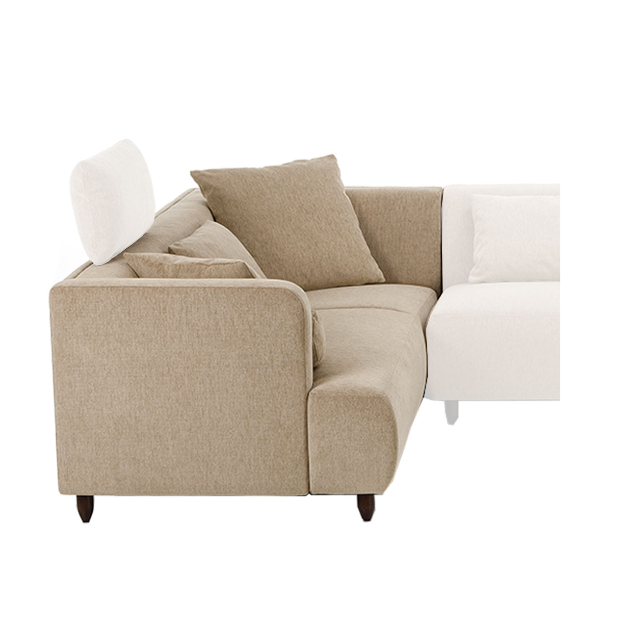 Eckanbausofa mit konisch geformten Holzfüßen.