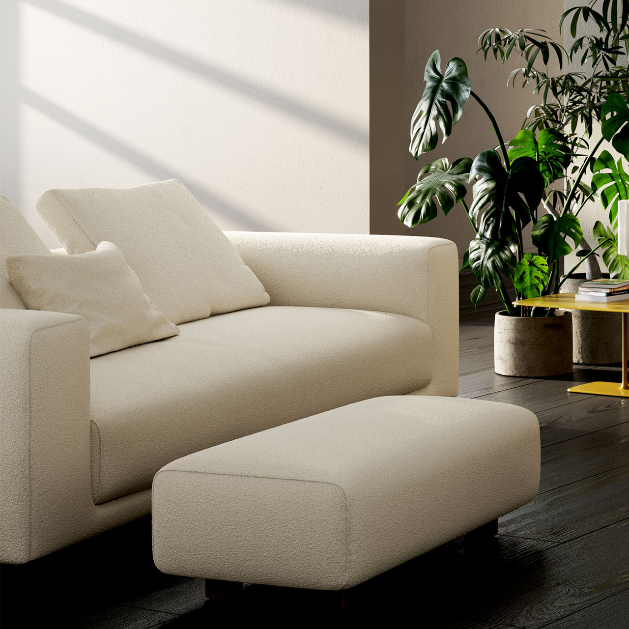 Cor Moss Sofa aus weißem Stoff mit passendem Hocker davor