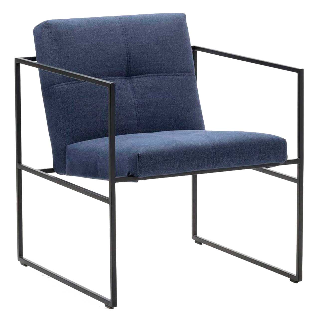 Filigraner Sessel mit blauem Stoff bezogen. Das Untergestell ist aus schwarzem Metall.