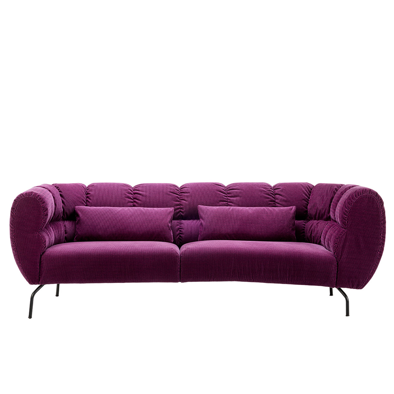 Eckanbausofa der Serie brühl magnolia in brombeerfarbenem Stoff mit schwarzen Metallfüßen.