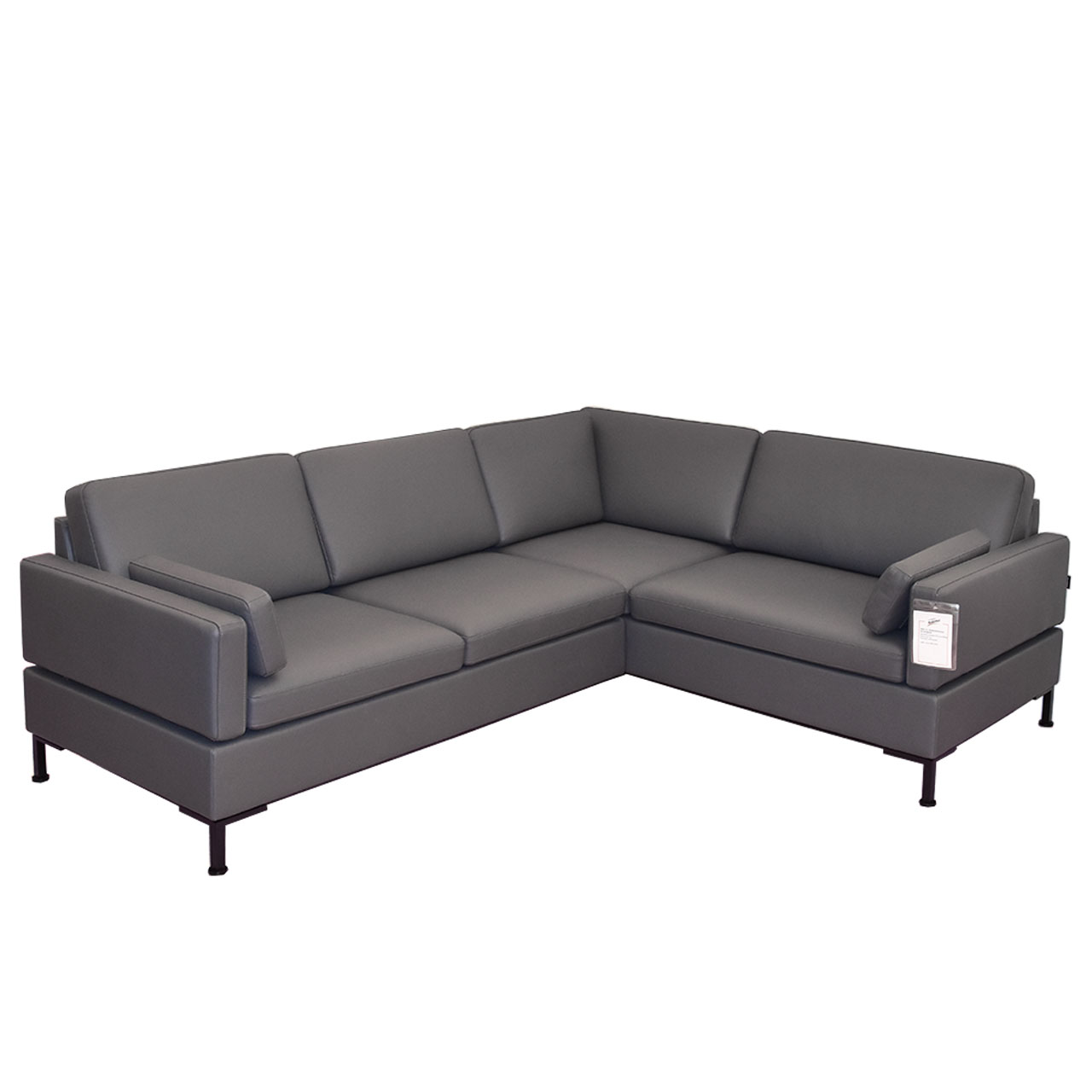 Eckgarnitur in grau-braunem Leder mit Winkelfüßen schwarz pulverbeschichtet.