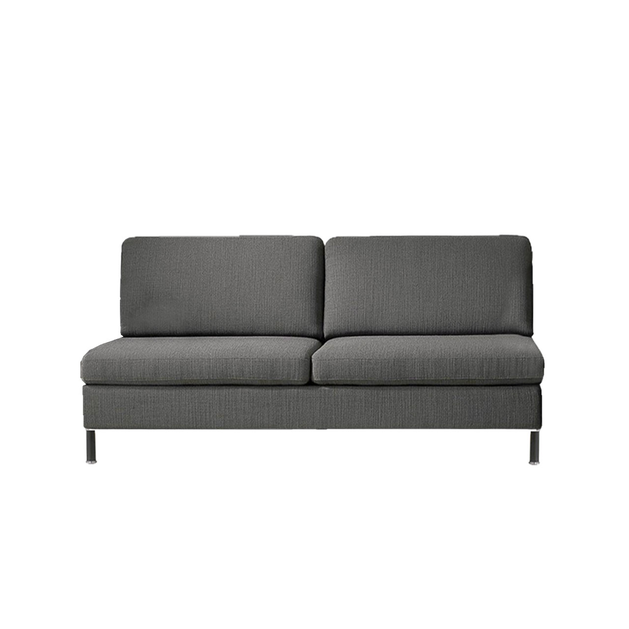 Zwischenelement mit zwei Sitzplätzen in grauem Stoff.