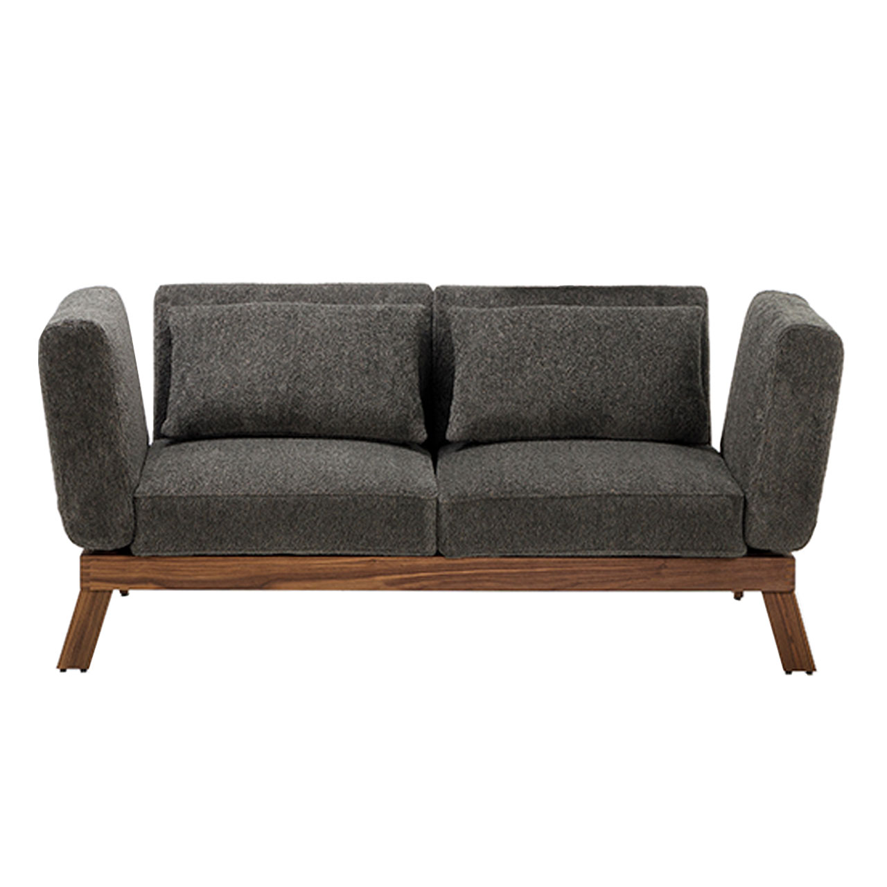 Sofa der Serie brühl lofoten Lounge. Die Polster sind mit einem anthrazitfarbenen Stoff bezogen, das Untergestell ist in Walnuss.