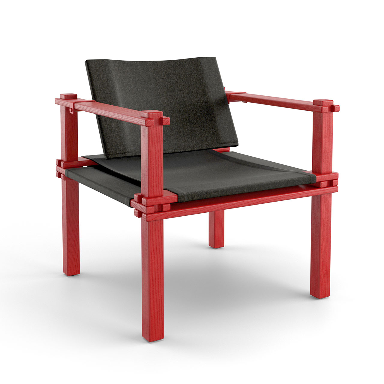Stuhl mit rotem Holzgestell und schwarzem Stoffbezug