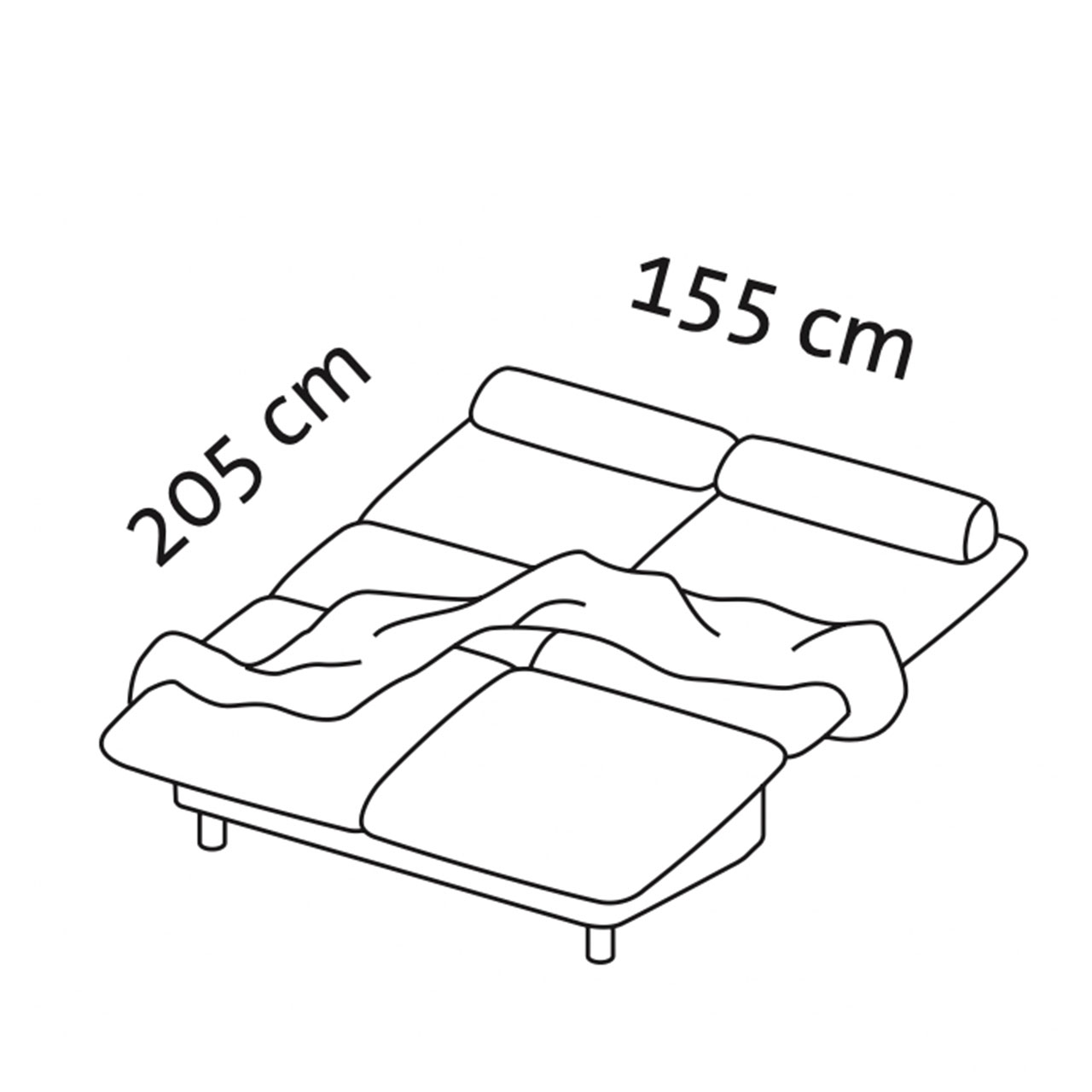Maßzeichnung für das ausgeklappte Sofabett quint 31617.