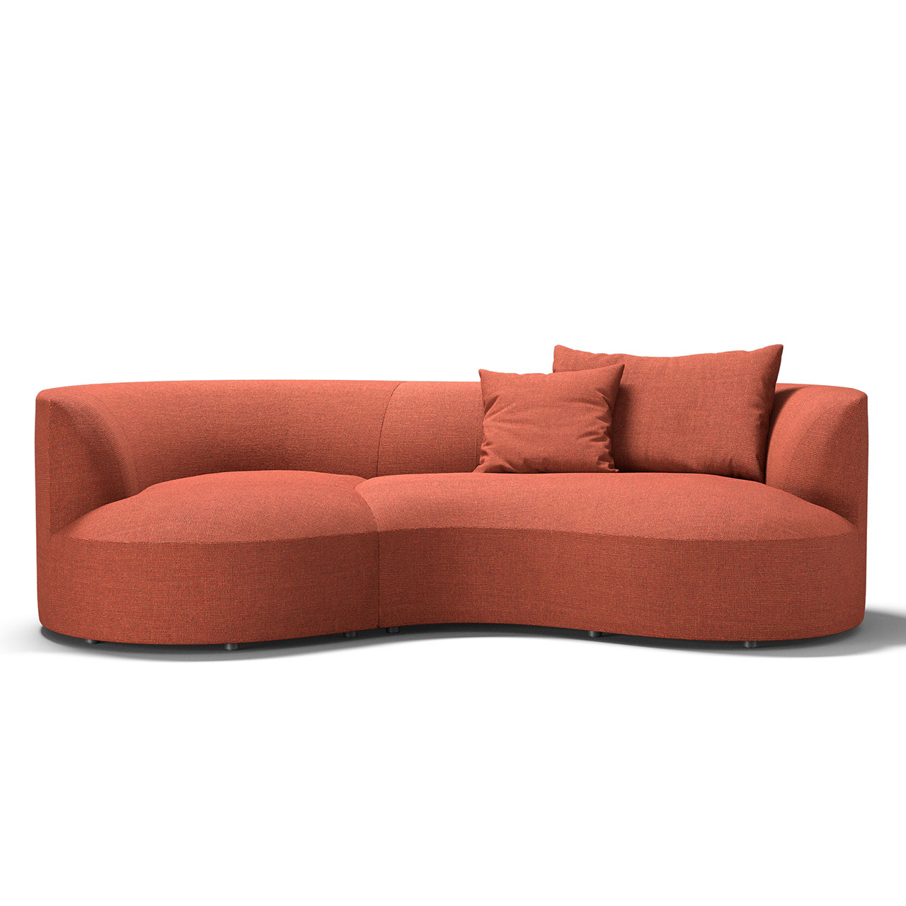 Sofa in organischer Form aus rotem Stoff mit tiefem Liegeteil links.