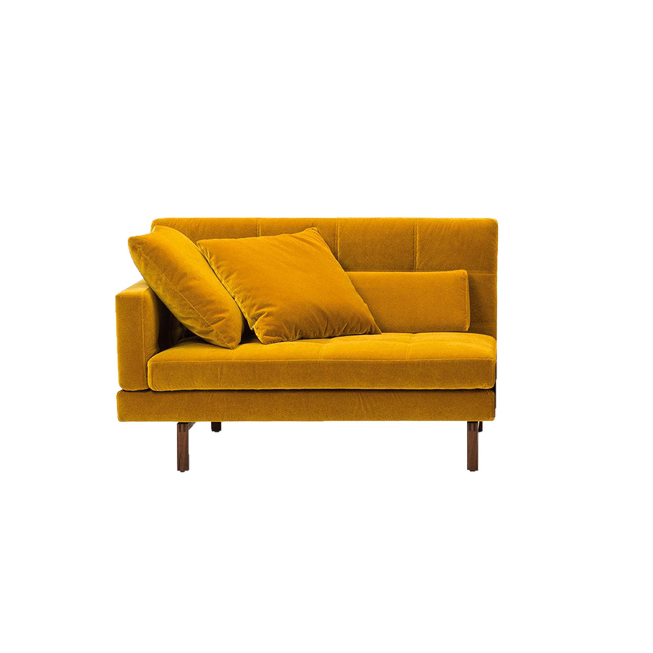 Gelbes Anstellsofa mit schmaler Armlehne auf der linken Seite.