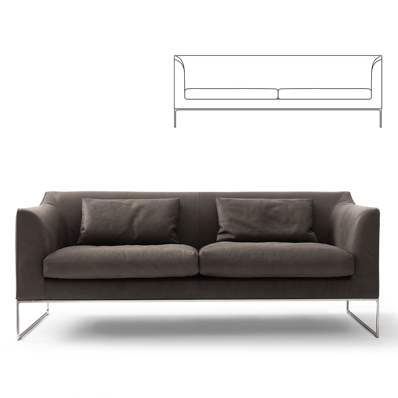Sofa auf Chromkufen mit grauem Bezug und zwei zusätzlichen Lendenkissen