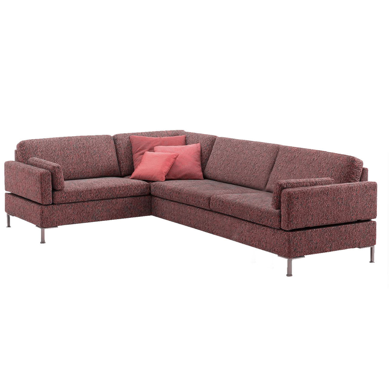 Rote Eckgarnitur mit Anstellsofa rechts und Eckanbausofa links.