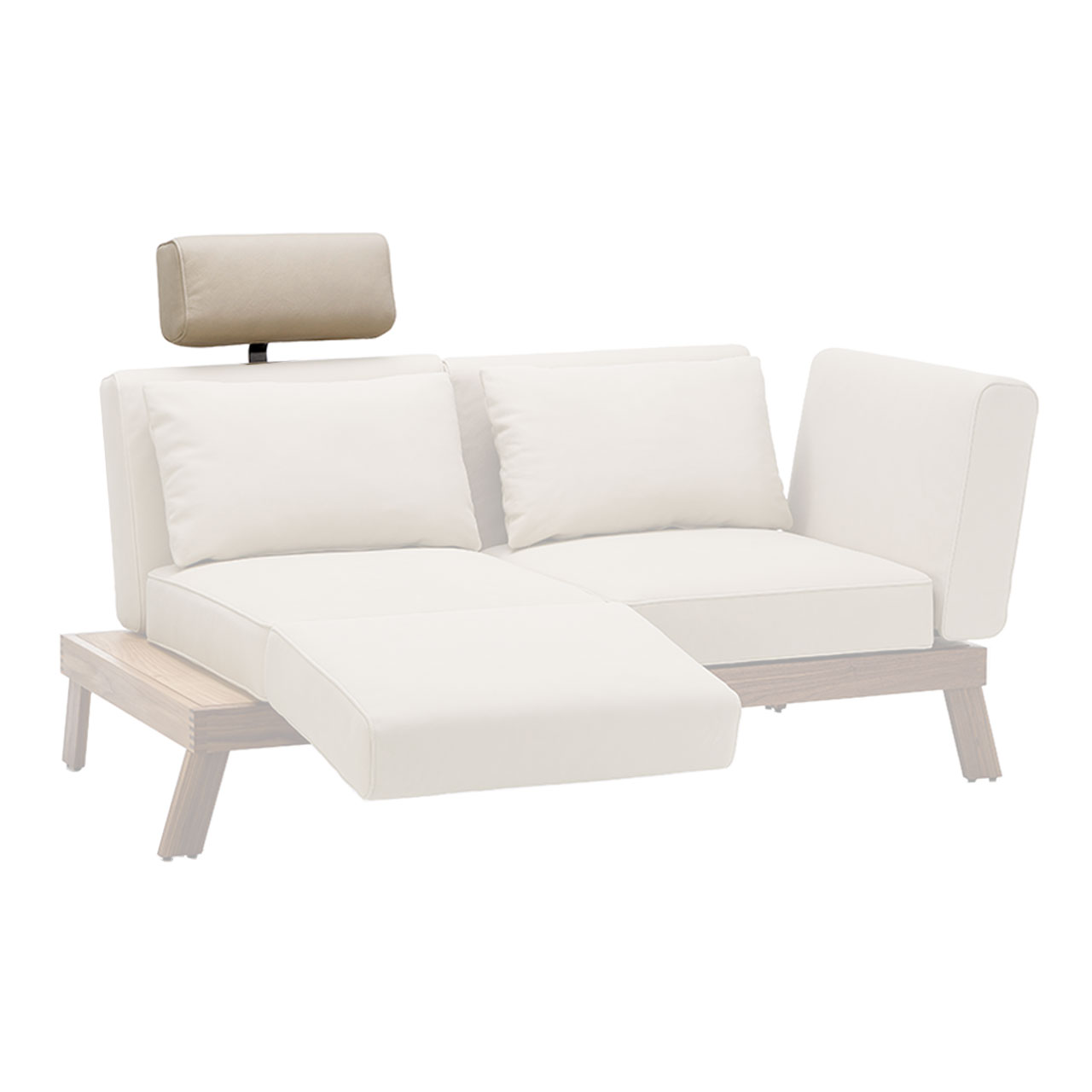 Ein Sofa der Serie brühl lofoten lounge. Der linke Sitz ist umgeschwenkt und die Armlehne zur Fußstütze hochggeklappt. Am Rücken des linken Sitzes ist eine Kopfstütze befestigt. Diese ist farblich hervorgehoben.