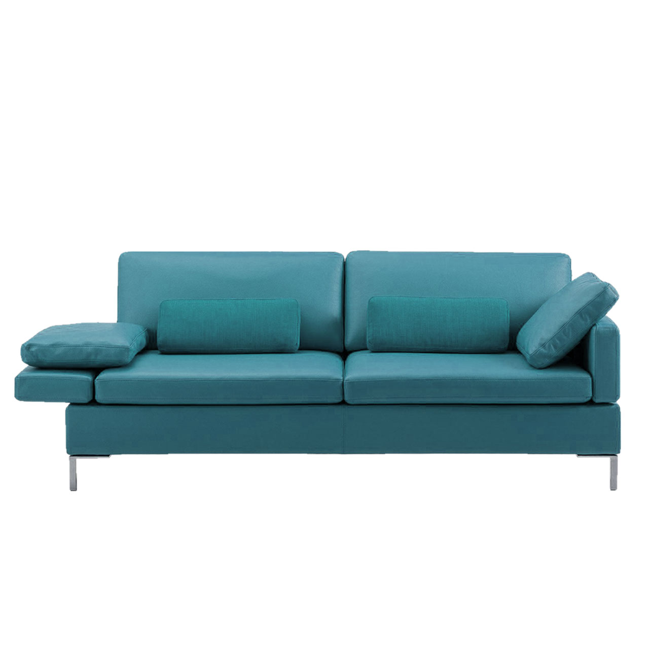 Türkises Ledersofa mit drei Sitzplätzen.