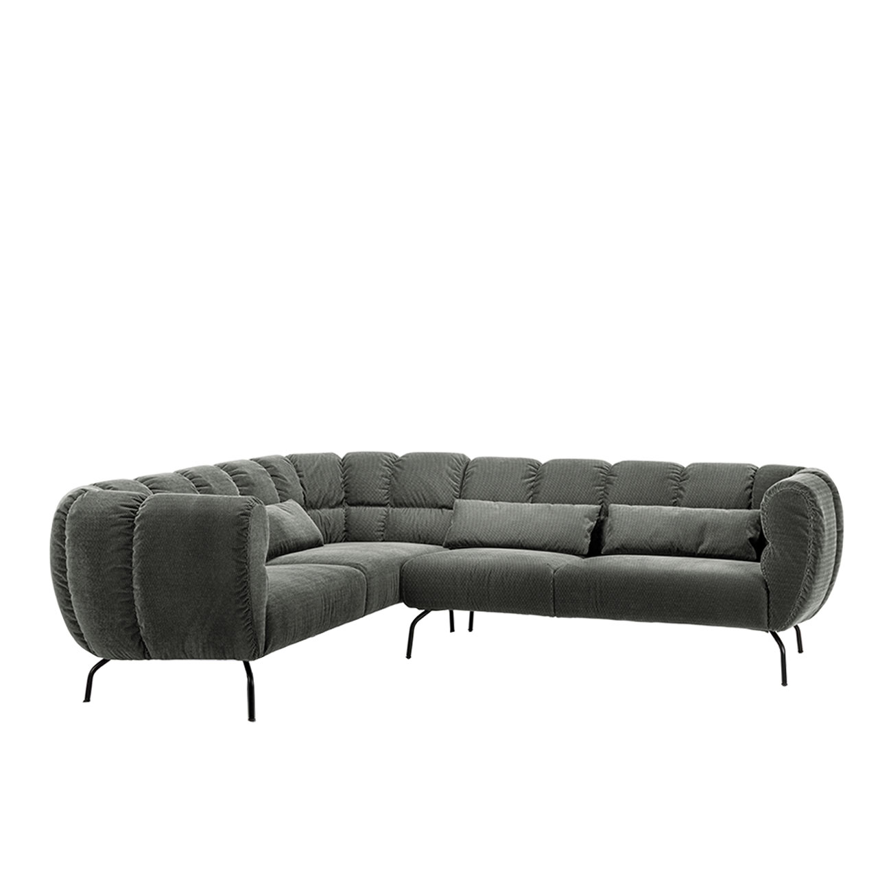 Eckgarnitur der Serie brühl magnolia mit Armlehnen an beiden Seiten. Der Stoff ist graugrün, die Füße schwarz Metall.