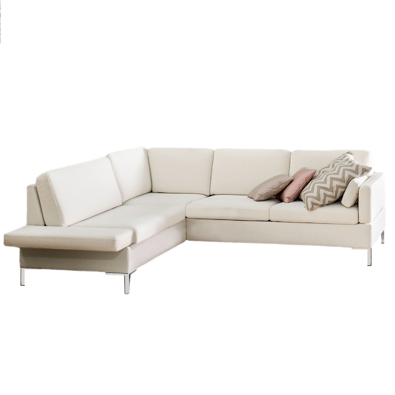 Weiße Eckgarnitur mit Anstellsofa rechts und Eckanbausofa links.