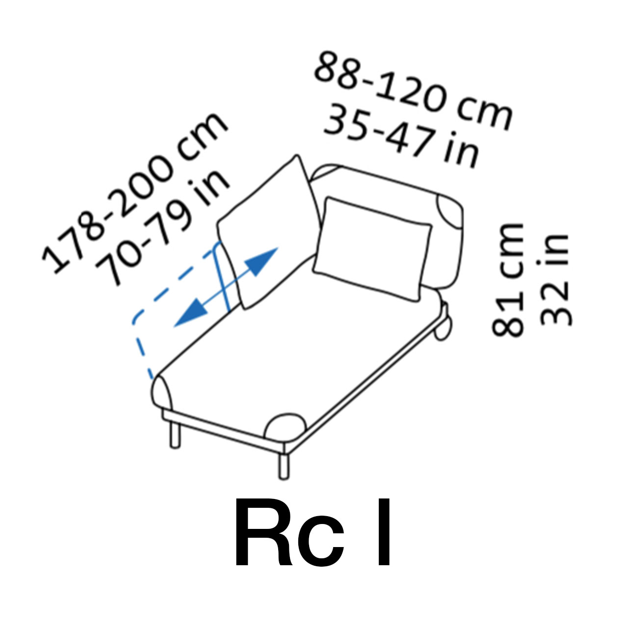 Maßzeichnung brühl tam Recamiere Armlehne links