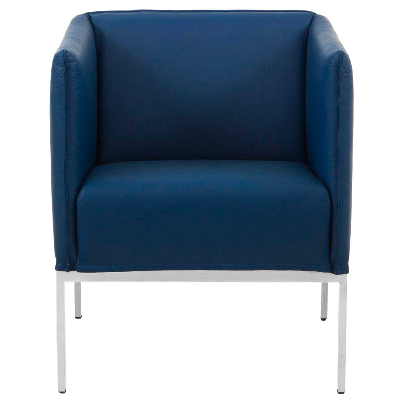 Sessel in blauem Leder, Untergestell chrom glänzend.